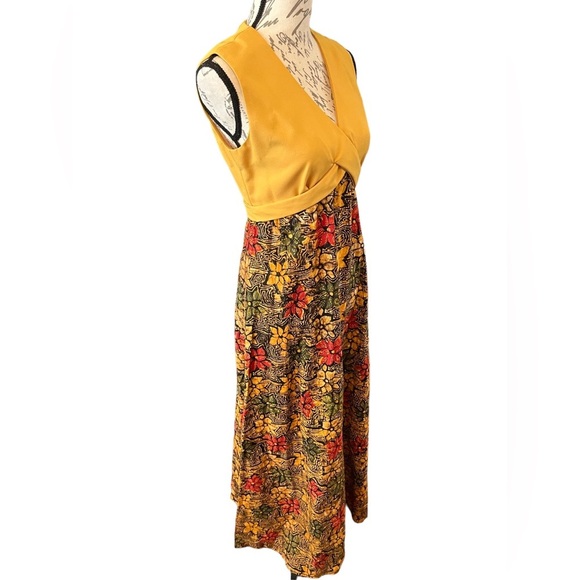 Handmade Vintage 70’s maxi floral dress yellow, & brown empire waist Small EUC​ - Picture 5 of 16